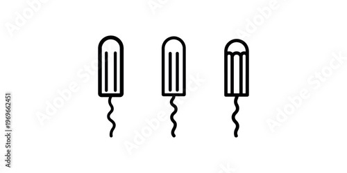 Three simple line art icons of tampons with strings on white background representing feminine hygiene and menstrual care products