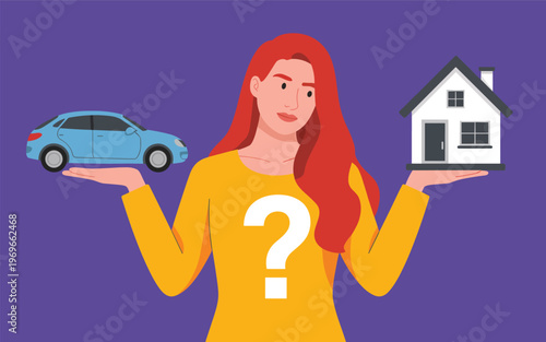 Woman compares house and car on hands with question mark on shirt