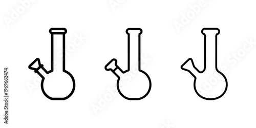 Three minimalist outlines of bongs isolated on white background representing smoking accessories and water pipes for herbs
