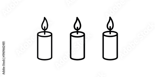 Three simple outline icons of lit candles on white background symbolizing celebration wishes light hope and decoration elements