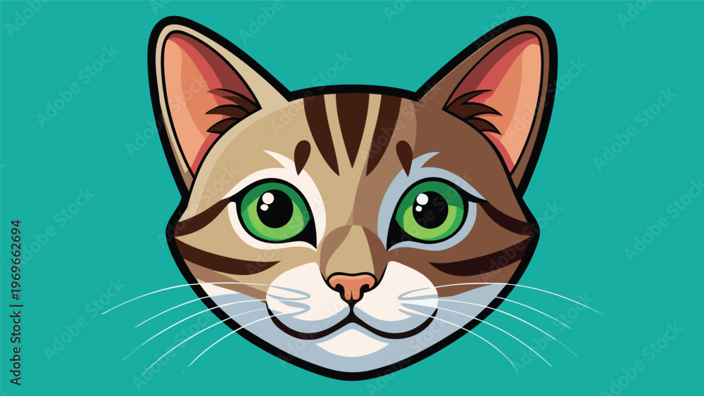 Fototapeta premium Cat face illustration with striking green eyes on a bright turquoise background