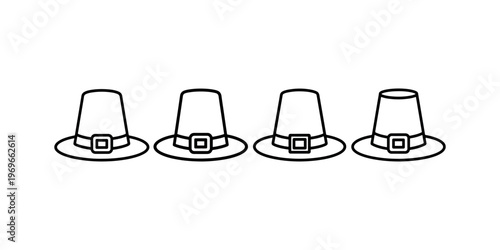 Row of four pilgrim hats with buckles and bands on white background vector illustration for holidays