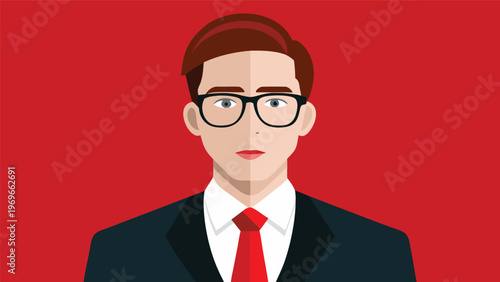 Man in suit and glasses with red background looks directly at the viewer while maintaining a neutral expression