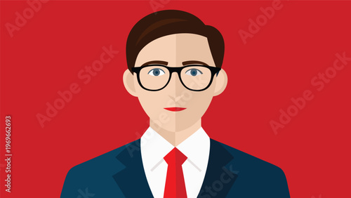 Man wearing glasses and suit stands against a red background while looking straight at the viewer