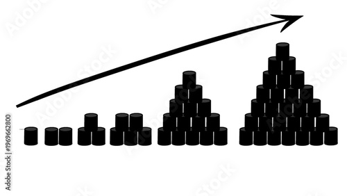 Visual representation of increasing stacks of oil barell, symbolizing increasing price of oil, and upward trends in development and accumulation