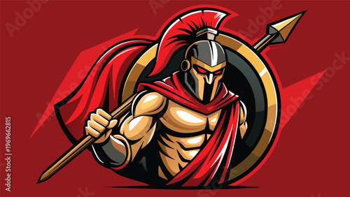 Spartan warrior holding spear and shield in a dynamic pose on a red background with bold colors