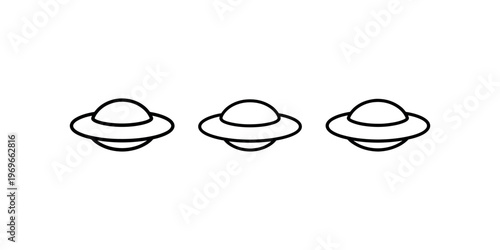 Three identical black outline flying saucer icons are arranged in a horizontal row on a clean white background in this minimalist vector illustration