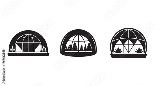 Dome shaped windows with mountain and tree silhouettes  glass roof with scenic views  architectural elements with natural landscapes