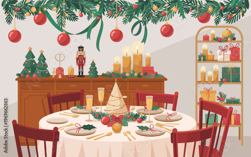 Christmas dinner table setup with decorations and gifts in living room