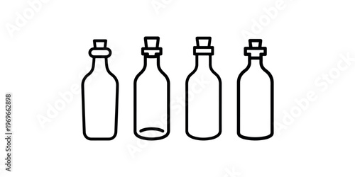 Minimalist bottle line icons for cosmetic or medical use set against a clean white background representing various liquid containers and glass packaging