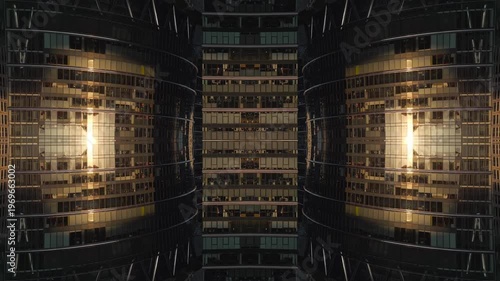 Abstract Technological Background with Mirrored Glass Patterns at Sunset, Futuristic Design Featuring Symmetrical Reflections and a Tunnel-Like Glow