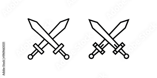 Two crossed swords vector icons, sharp blade weapon outline for combat and duel, ancient knight and warrior equipment illustration set