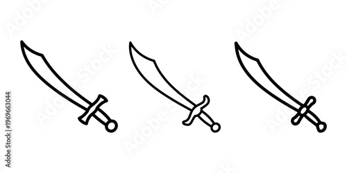 Curved scimitar sword icon set showing middle eastern sabre blades for traditional warriors and historical military equipment isolated on white background