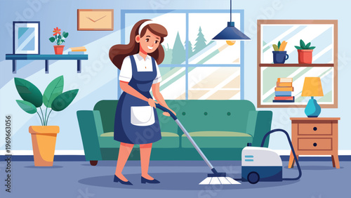 Cleaning a living room with vacuum in cozy house during daytime with sunlight shining through windows