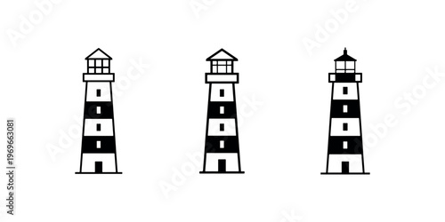 Set of three lighthouse icons with black and white stripes, classic nautical beacon symbol, coastal warning light illustration, maritime safety landmark