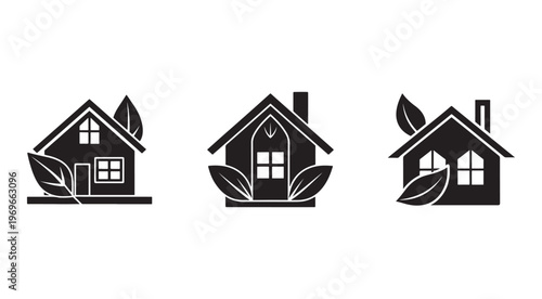 Eco friendly house icons with leaves  green home symbols  sustainable housing  environmental friendly architecture