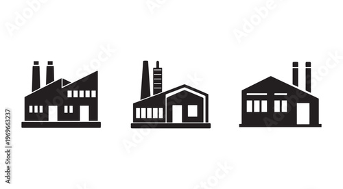 Factory building icons with chimneys and smokestacks industrial structures with windows and doors on white background