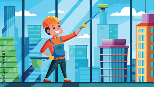 Worker cleans windows on a high-rise building in an urban area during the day with a clear sky