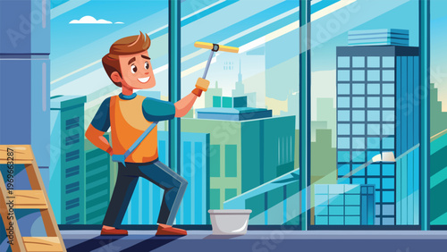 Worker cleans tall building windows with squeegee in urban setting during daytime while standing on ladder