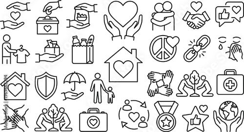Charity and Social Responsibility Icons Set Featuring Giving, Community, Support, and Volunteer Work for Nonprofits, Websites, and Social Impact Designs