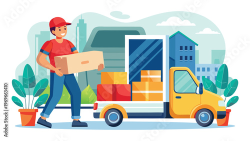 Worker carries box to delivery truck at urban location during daytime with buildings and plants in the background