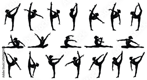 A collection of dynamic vector graphic illustrations showcasing female gymnasts and dancers demonstrating grace, flexibility, and various athletic poses.