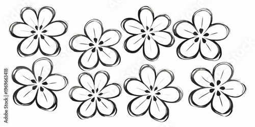 Simple sketch of nine five petal flowers arranged in a grid pattern