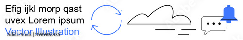 Cloud storage, data synchronization, digital communication, notifications, cloud computing, and updates. Circular arrow, cloud and notification icons. Cloud storage and data synchronization