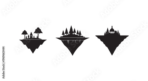 Floating islands with trees and buildings on white background  fantasy landscapes