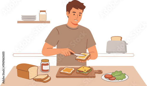 Man prepares sandwich with cheese and vegetables at kitchen table indoors