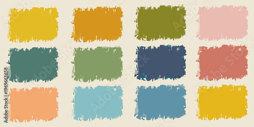 A collection of nine square color swatches with textured brushstrokes