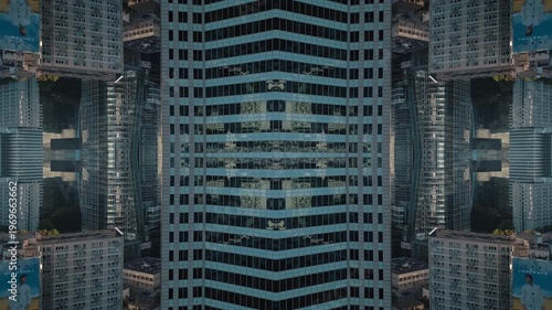 Abstract Technological Background with Mirrored Glass Patterns at Sunset, Futuristic Design Featuring Symmetrical Reflections and a Tunnel-Like Glow