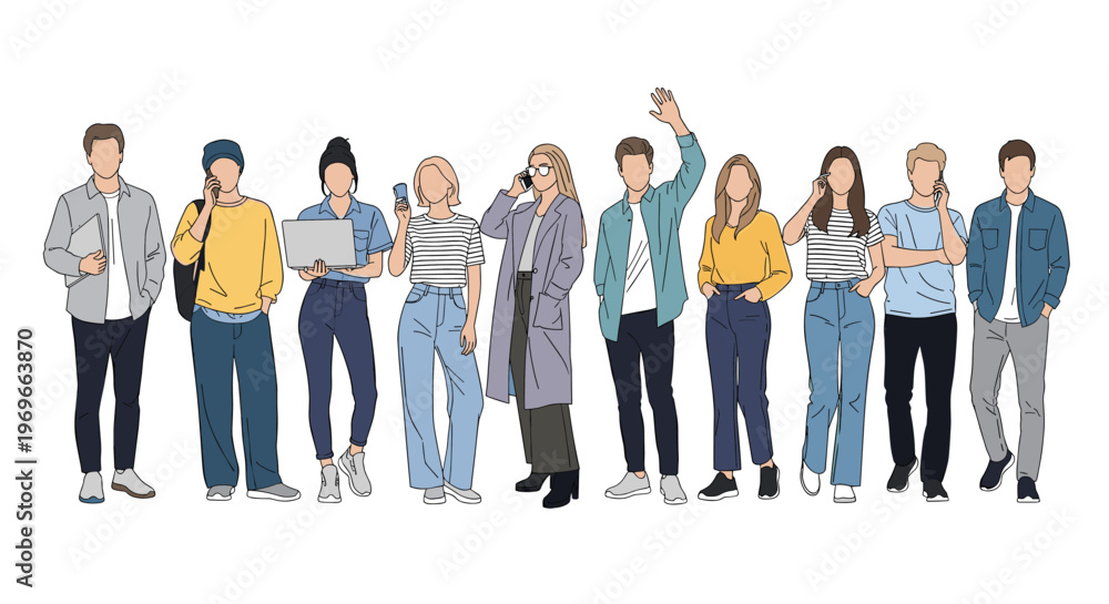 Fototapeta premium Large group of diverse young people standing in a row while using smartphones, laptops and other digital communication devices together.