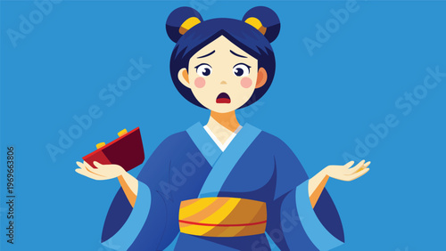 Japanese woman in traditional clothing looking confused while holding a small box in a bright blue background