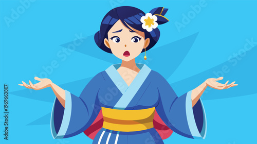 Woman in blue kimono expresses confusion with hands raised in a simple digital art illustration against a blue background