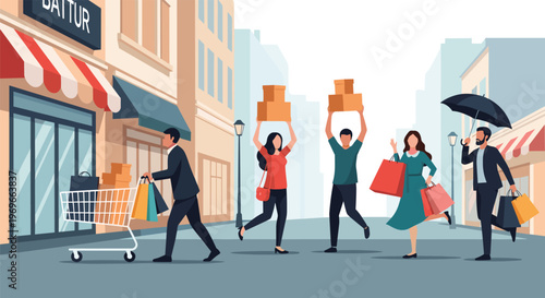 Happy people carrying shopping bags and pushing carts on a busy city street with various retail stores in a vibrant urban environment.