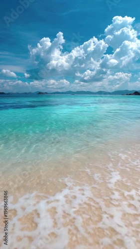 Clear turquoise ocean water washes onto a golden sandy beach under a vibrant blue sky dotted with fluffy white clouds. Sun glistens on the ripples, revealing the shallow seabed.