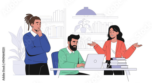 Diverse group of colleagues collaborating and discussing work around a laptop in a bright office filled with books and green plants.