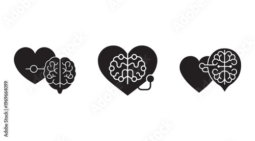 Heart and brain icons in various designs with white outlines on dark backgrounds  representing love and intelligence