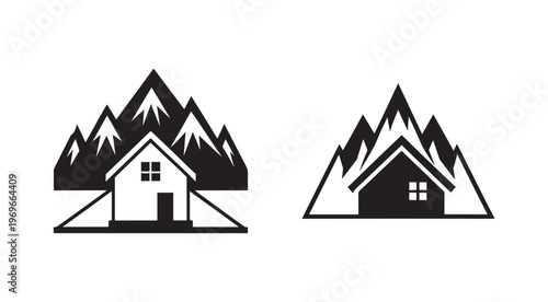 House and mountain silhouettes for logo or icon design  simple black and white graphics