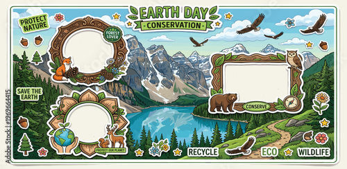 Happy Earth Day! Clean Energy Green Planet with Renewable Sources like Solar and Wind Power illustration