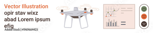 quadcopter technology, data visualization, user feedback, technology trends, AI tools, market analytics. A modern Quadcopter, analytic graphs and feedback icons. Drone technology and data