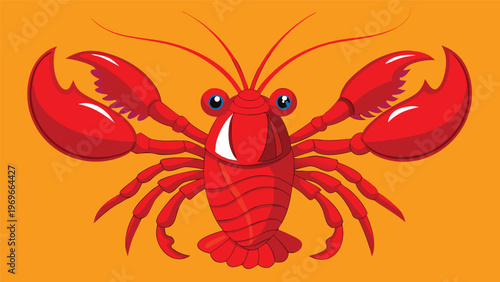 Lobster on a bright orange background with prominent claws and eyes showing details of its features