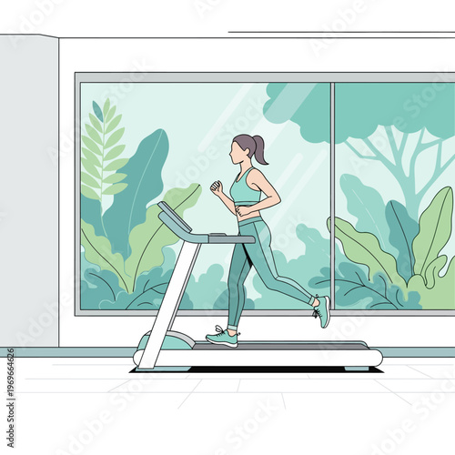 Woman running on treadmill in front of lush green window view, healthy lifestyle concept