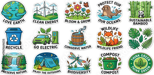 Eco-Friendly Themed Digital Sticker Pack Featuring Diverse Nature Conservation and Sustainable Living Illustrations for Environmental Awareness Campaigns