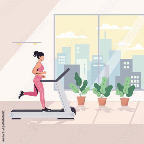 Woman running on treadmill in modern gym with city view and plants