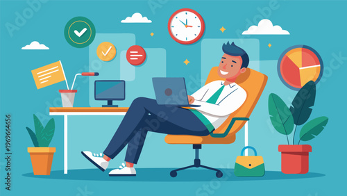 Office worker smiles while using a laptop and sitting in an ergonomic chair in a colorful workspace with plants and decorations