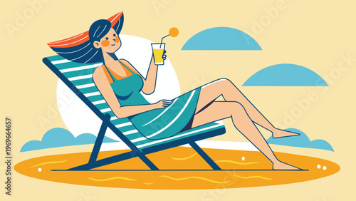 Woman relaxes on beach chair with drink under blue sky during sunny day at seaside
