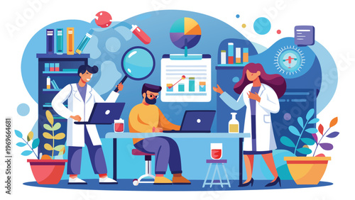 Scientists work in a laboratory on research and experiments with charts and data