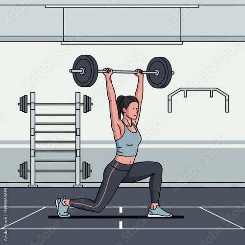 Woman performing overhead lunges with barbell in gym, fitness and strength training